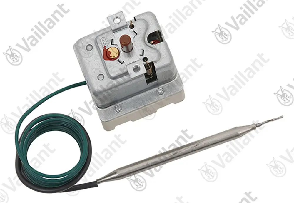 Temperaturbegrenzer von Vaillant mit einem metallischen Fühler und elektrischem Anschluss. Abgebildet sind die Steuerungseinheit und der Sensor für Heizungsanwendungen.